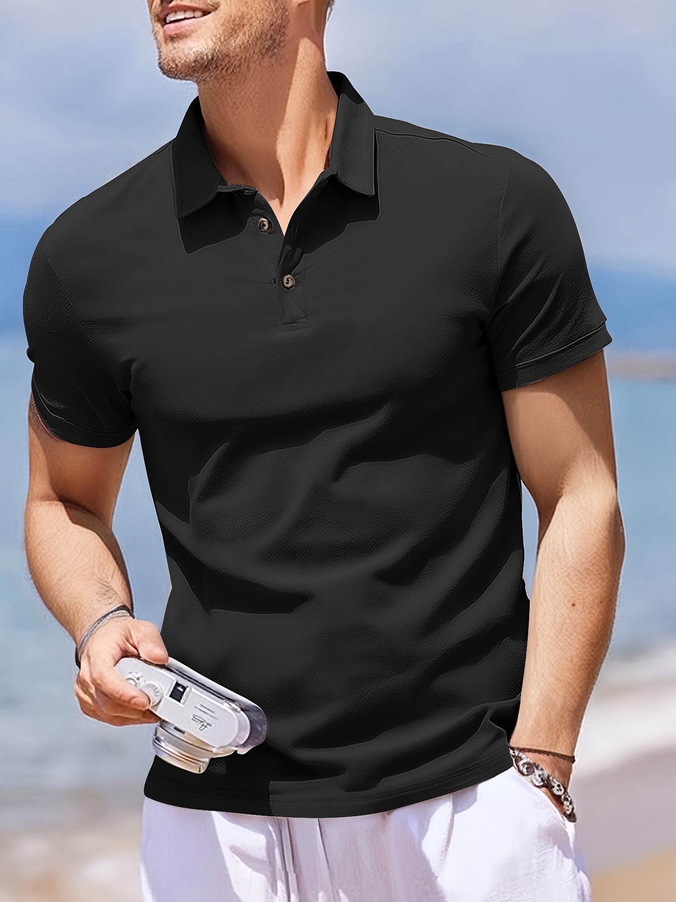 1pc Men S Stylish Beige   Shirt - Breathable & Warm, Solid Color with Button-Up Collar,   Golf, Tennis, and Casual Wear | Ideal for Indoor   & Outdoor Activities, Golf Shirt, Breathable Fabric