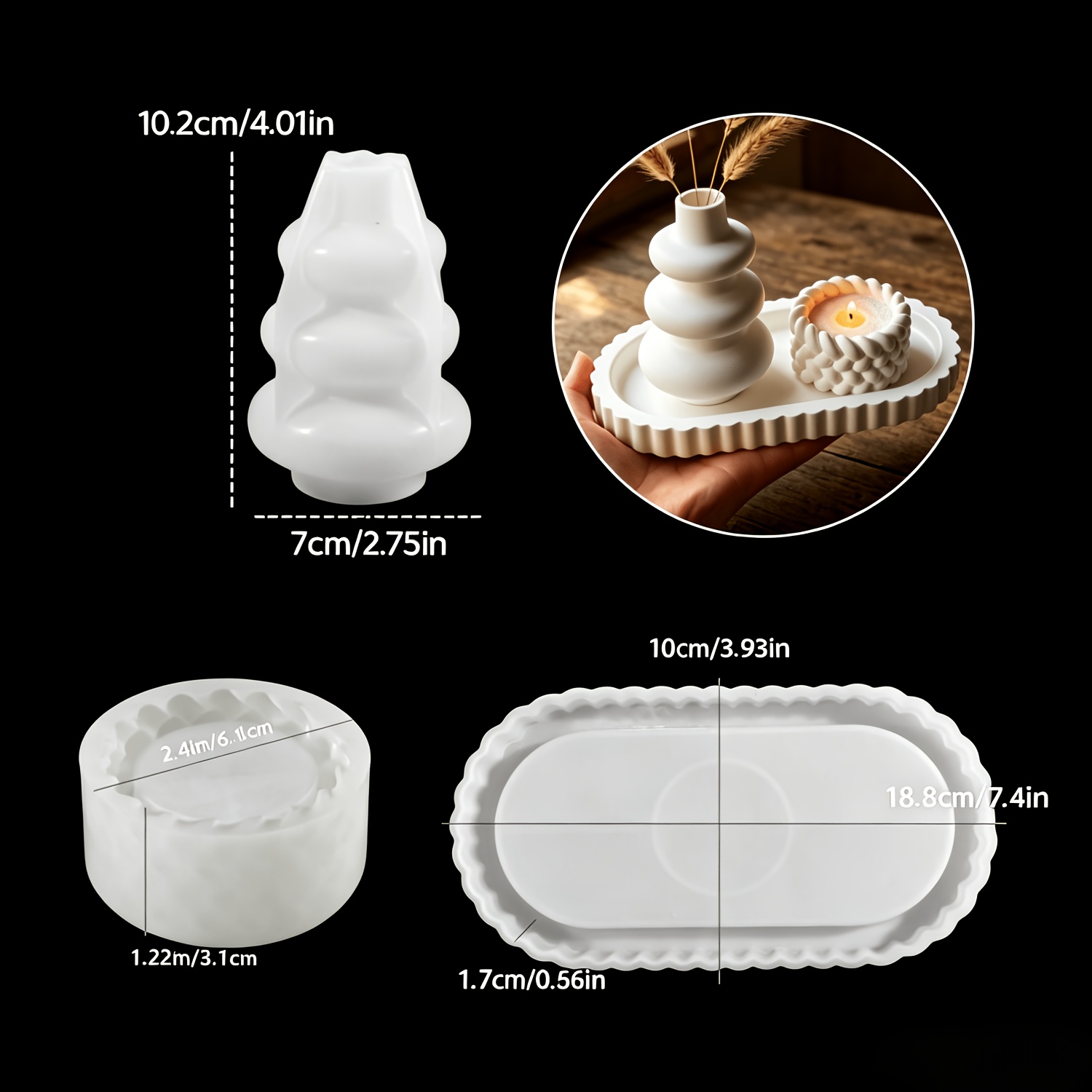 TEMU 3pcs Silike Lufei Reusable Silicone Mold Suitable For Diy Resin Crafts, Round & Elliptical Tray/candle Holder/vase Molds With Mirror,