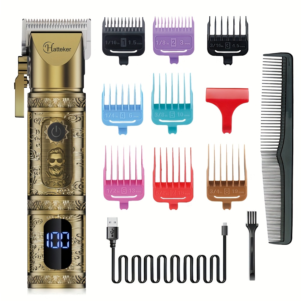 TEMU Hatteker Professional Hair Clipper And Trimmer For Men, Complete Grooming Kit For Barbers, Metal Hair Clipper With Led Screen, Usb Rechargeable