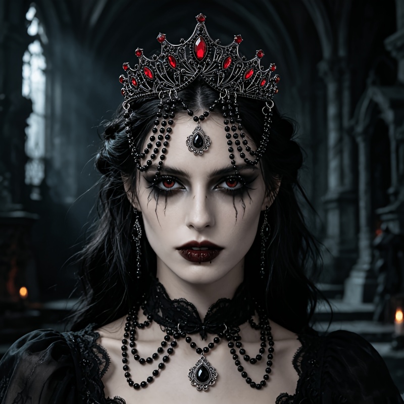 TEMU 1pc Vintage Gothic Black Tiara With Red Rhinestones & Long Black Red Bead Tassels, Vampire Queen Crown, Dark Wedding, Halloween Cosplay, Evening