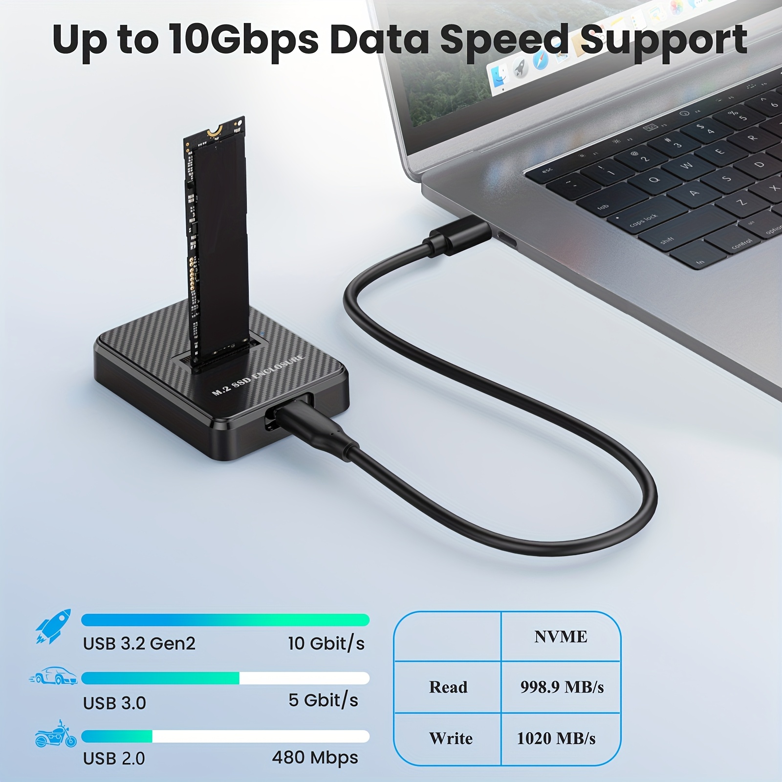 M.2 NVMe SSD Enclosure Docking Station, USB C to M.2 NVMe Adapter, SSD Reader for M-Key & B+M-Key SSDs, Compatible with 2280/2260/2242/2230 SSDs, with 2 cable USB A to C and USB C to C