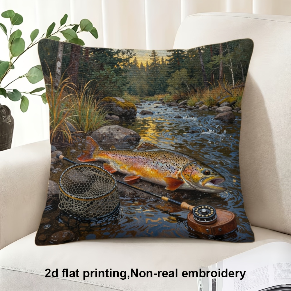 TEMU 1pc Pillowcase, Large Trout In Forest Stream With Fishing Gear, Soft And Smooth Polyester Short Plush Fabric, Single-sided Printed Pattern, 45cm
