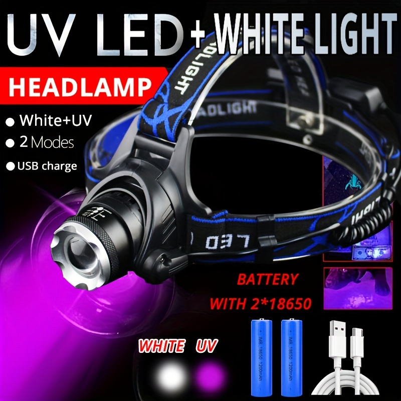 

Portable Usb Rechargeable T6 Headlight: 395nm Uv & Torch, 4 , 2 18650 Batteries, Suitable For Camping, Hunting, Hunting, Pet Urine Stain Detection, And Inspection