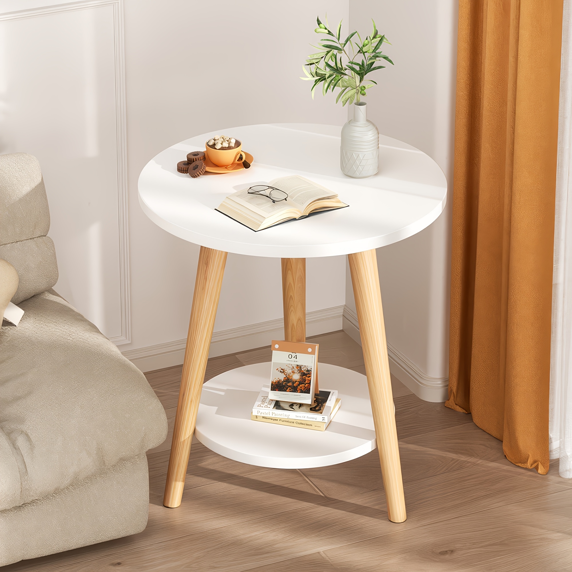 TEMU Round Side Table, 2-tier White End Table With Storage Shelf, Modern Small Bedside Table With Wood-look Legs, Round Nightstand Accent Table For