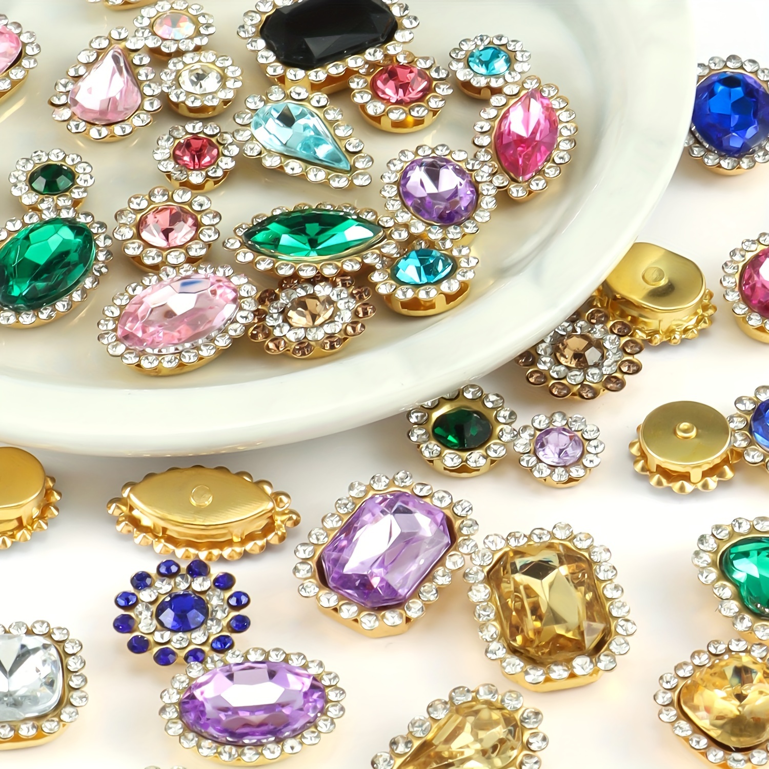 

50 Pcs Mixed Color And Size Sunburst Gold-plated Rhinestones For Glamorous Jewelry, Clothing, And Shoe Accessories - Ywli Brand