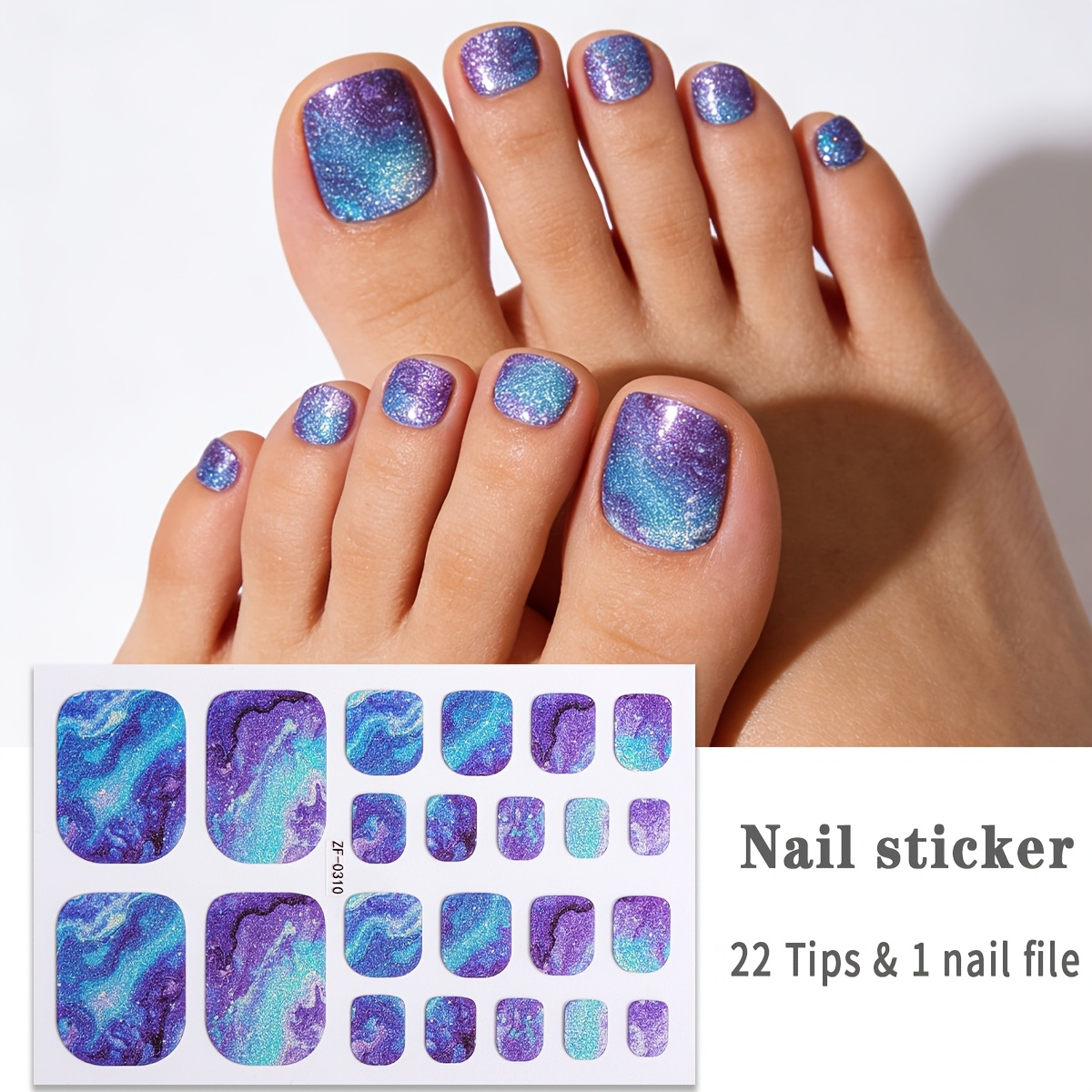 22pcs Spring/ Purple Gradient Nebula Toe Nail Strips, Exquisite Nail Stickers, Easy To Apply, Suitable For Ladies' Home Diy