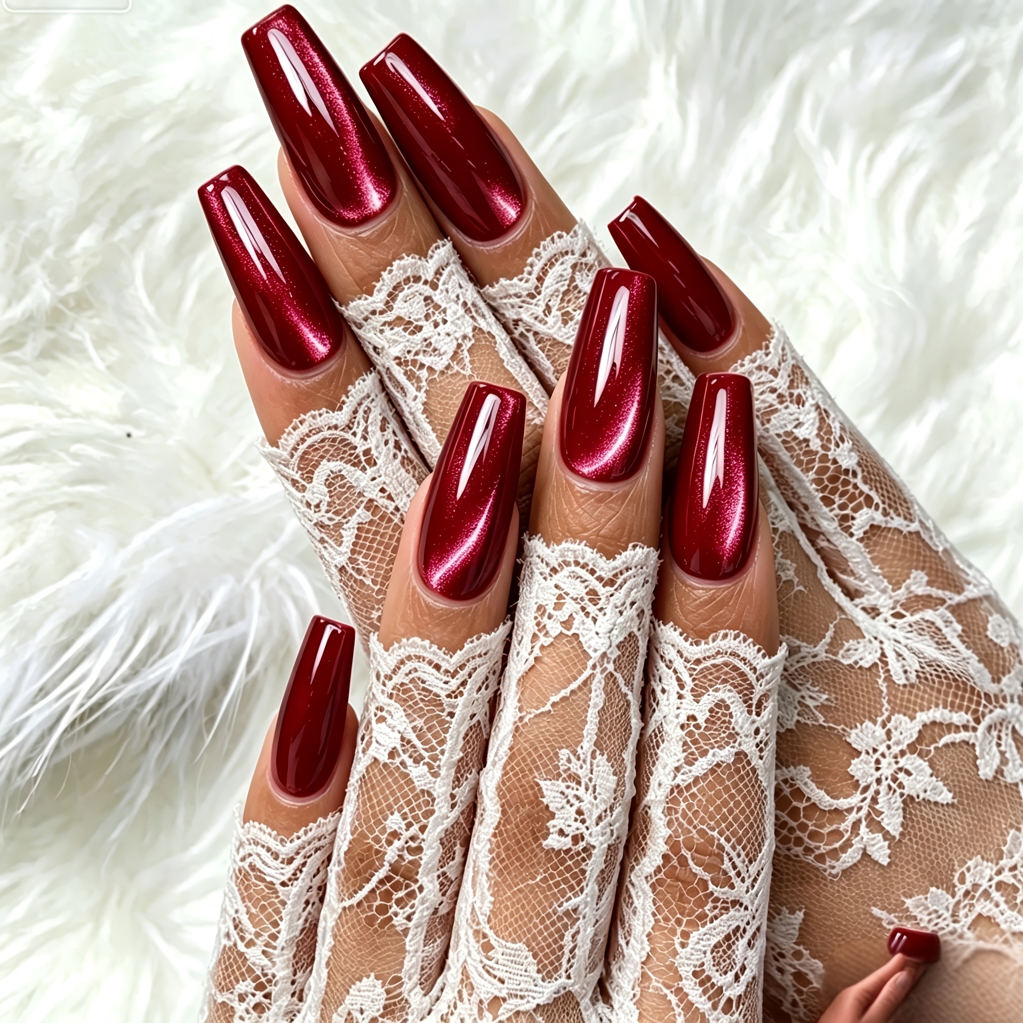 TEMU 24pcs Medium-length Ballet-style Cat Eye Plum -on Nails - Glossy Cat -coverage Artificial Nails For Women