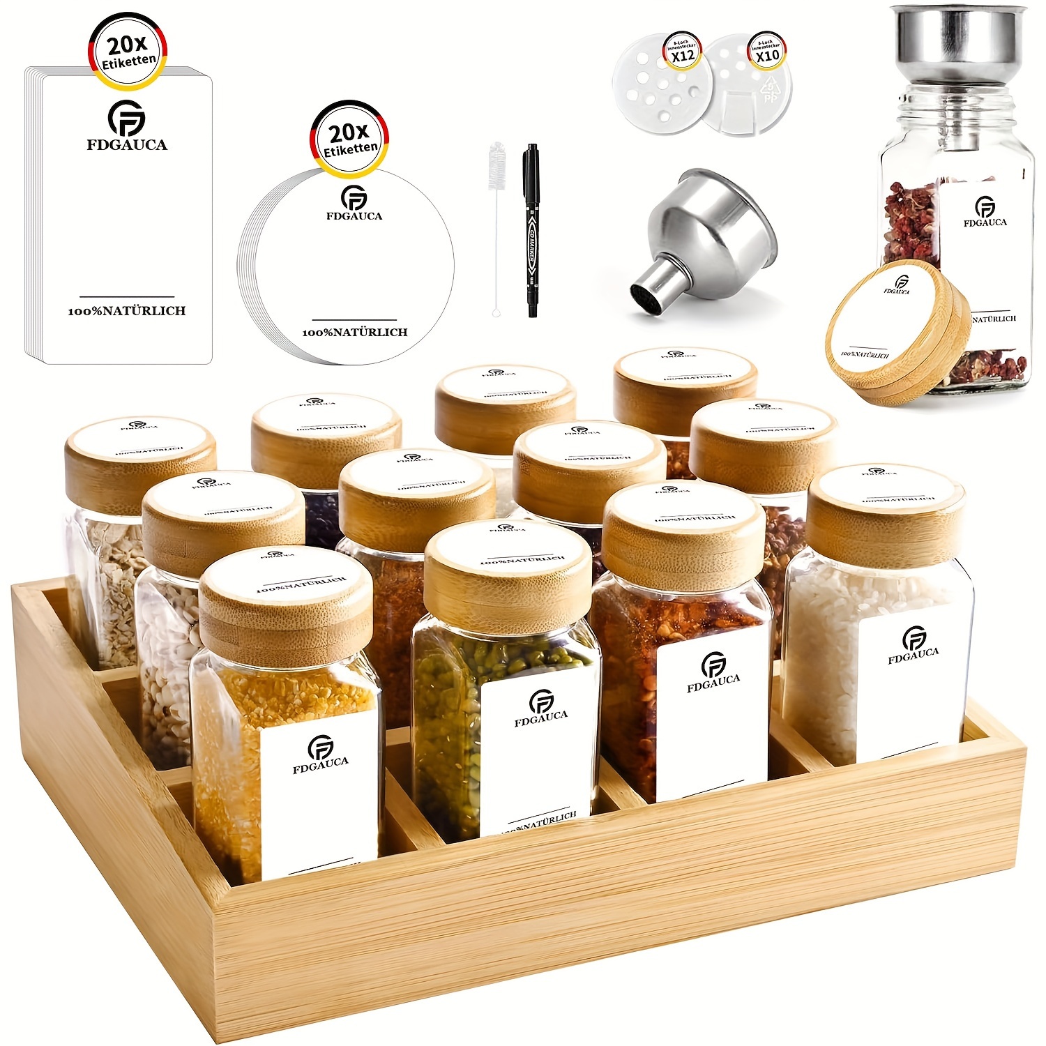 E-shop 12 Quadratische Gewürzgläser mit Bambus-Gewürzregal, Glas-Gewürzgläser mit schneeweißen DIY-Etiketten, Gewürzbehälter mit großem