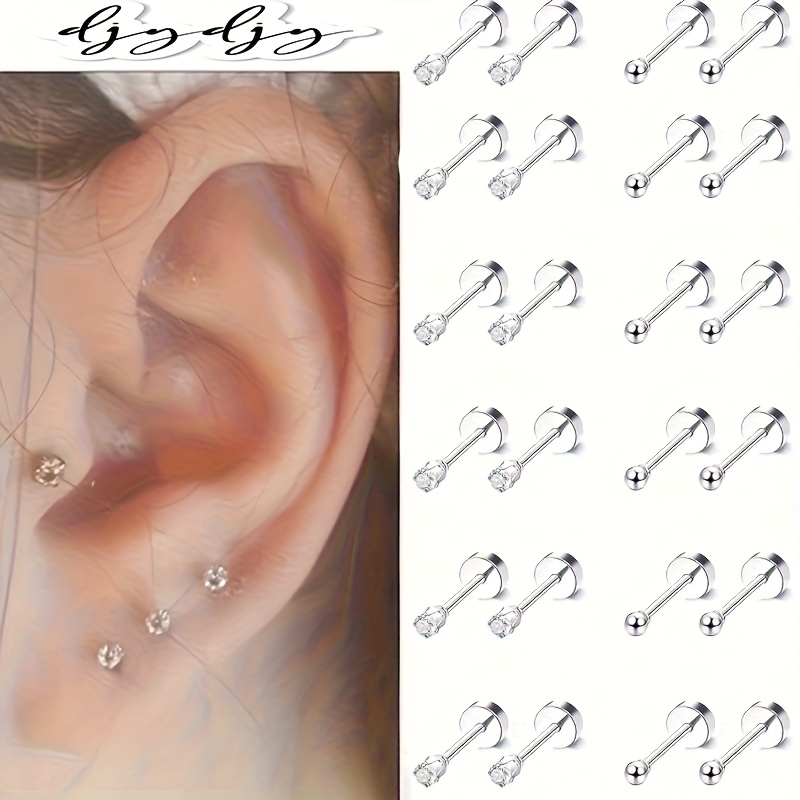 TEMU 24pcs Mini Cubic Synthetic Zirconia Earrings Set - 2mm Oxidized, Flatback Design, Stainless Steel Posts, & Shower Safe, Allergy-free Jewelry For
