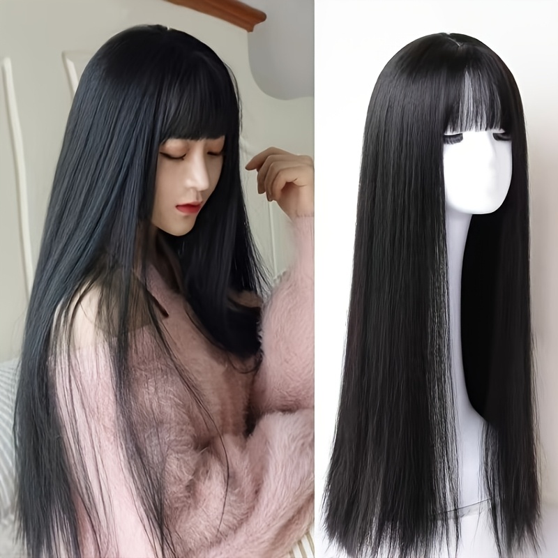 

Elegant 26" Long Straight Wig With Bangs For Women - Heat Resistant Synthetic, Beginner-friendly, & Parties, , Fashionable Wig