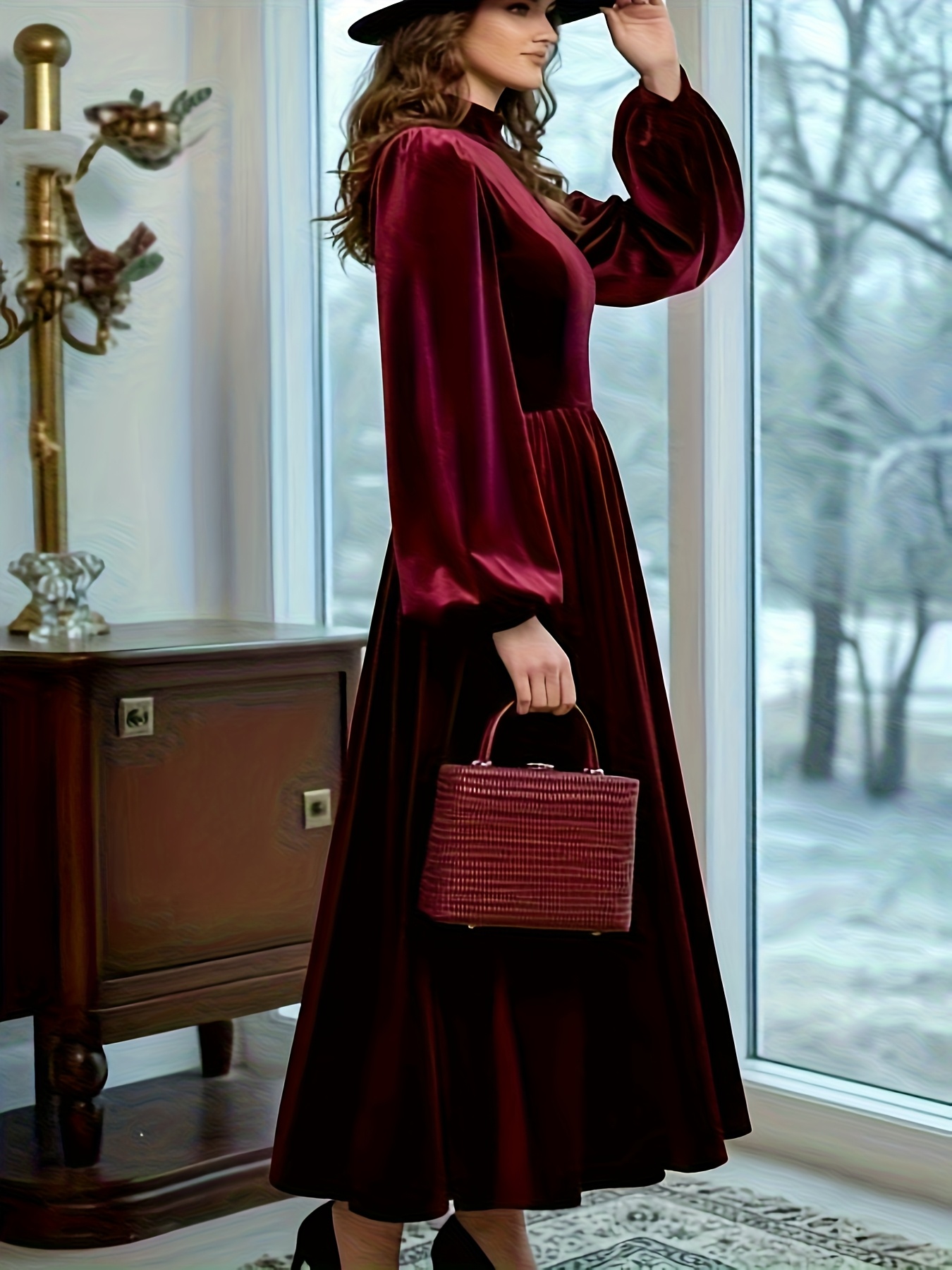 open lace back dress Red and Blue Mix Print V-Neck Cape Sleeve Dress- Plus – Ruby Mae's main image 1
