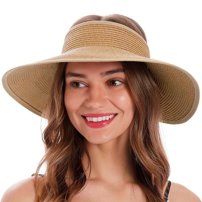 

Classic Straw Sun Hat Foldable Wide Brim Empty Top Hats Breathable Simple Beach Visor For Women