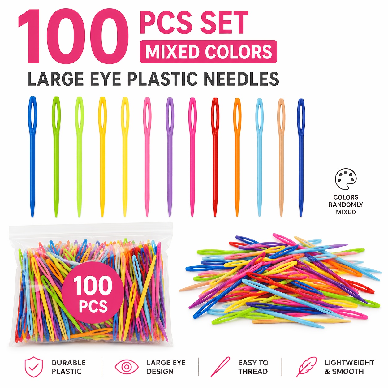TEMU 100/500pcs Aiguilles à coudre en plastique à grand trou de couleur , sûreté artisanale, tête biseautée, grand œil, ensemble d'aiguilles à