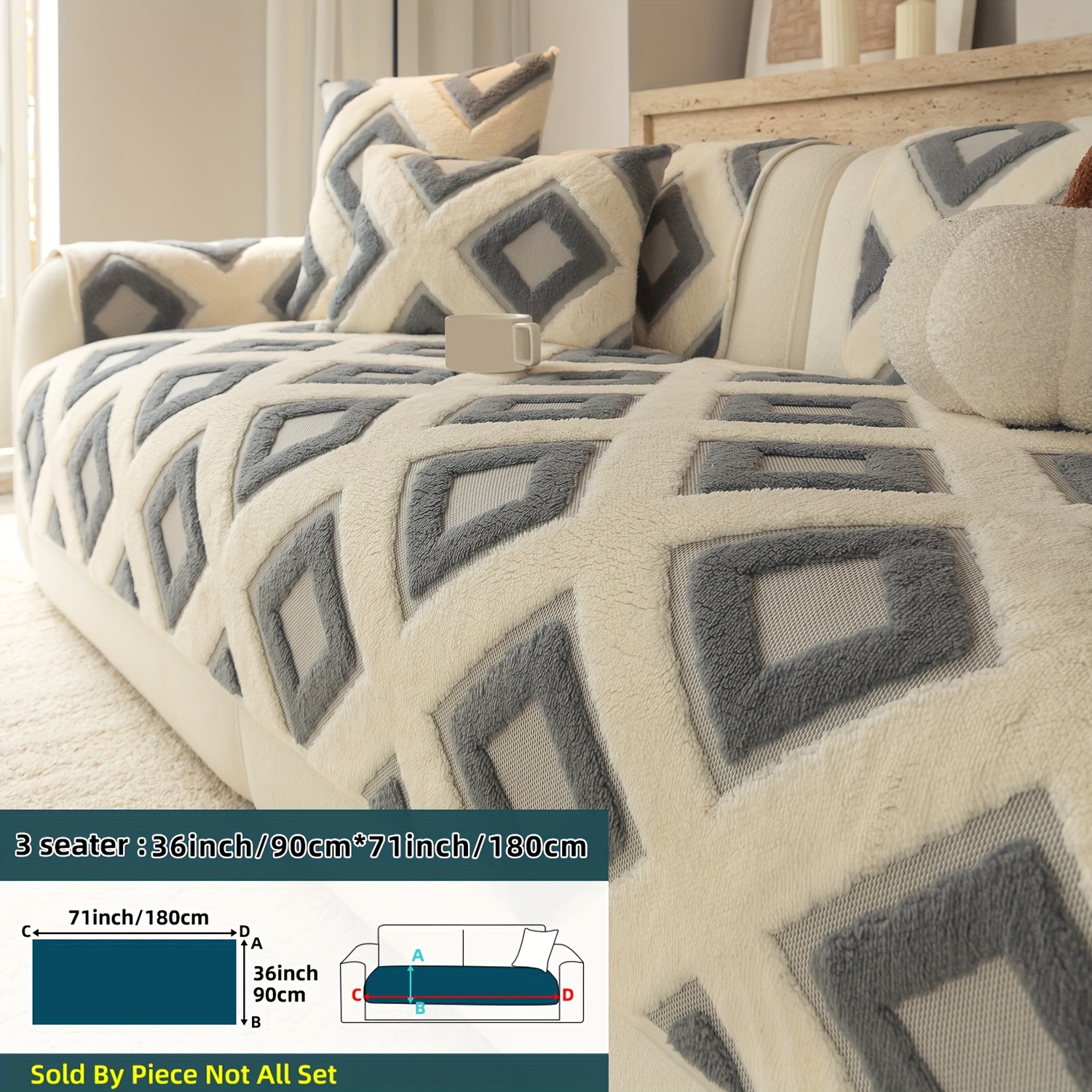 TEMU 1pc Bohemian Thick Plush Sofa Cushion - Diamond Quilted, Non-slip | Pet-friendly, Machine Washable, Fits 1-4 Seater & Sectional Sofas