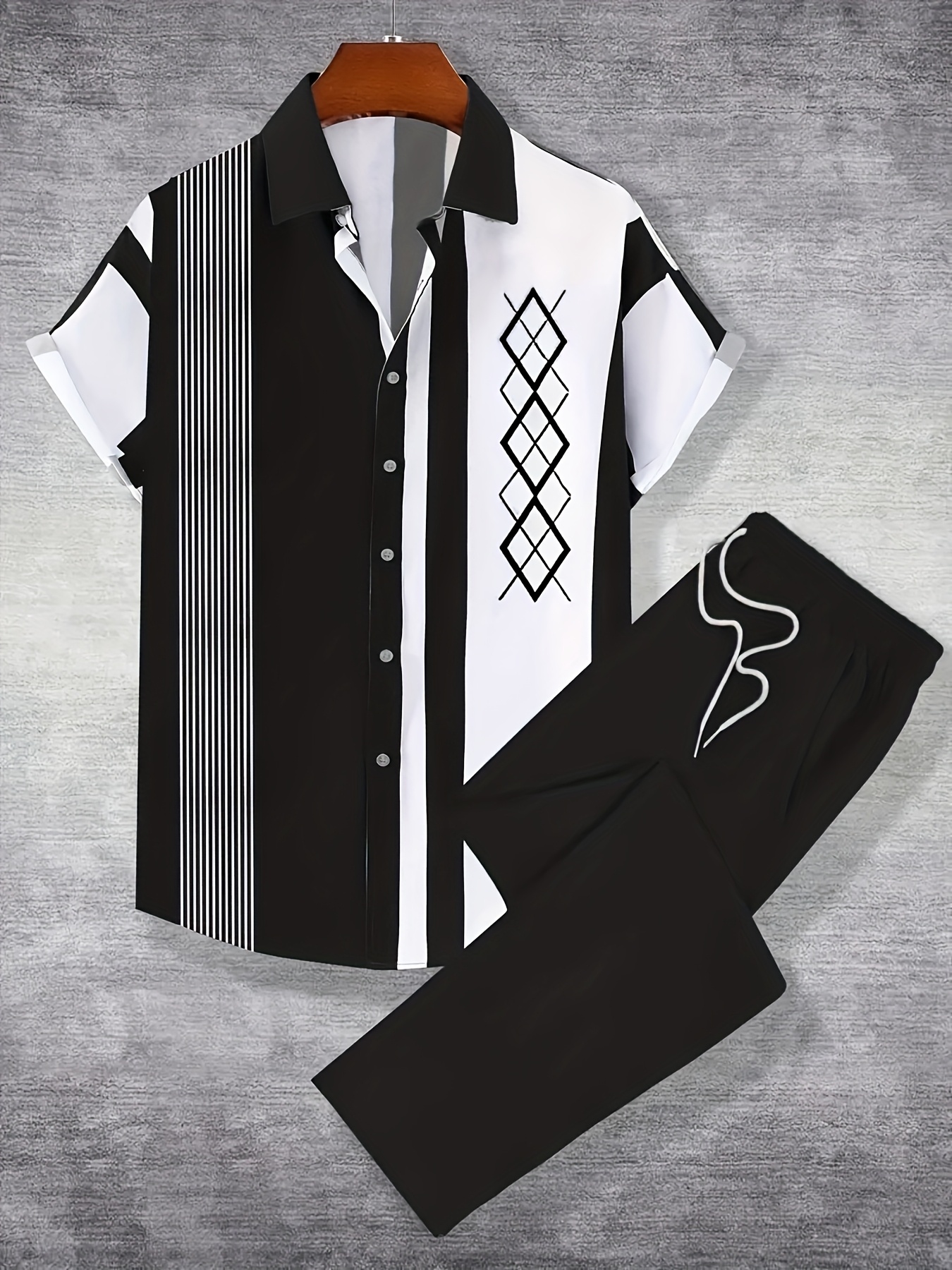 Men'S 2pcs Hawaiian Style Short Sleeve Collared Shirt And Drawstring Long Pants Outfit, All-Over Print Casual Button-Up Shirt And Trousers, Suitable for Summer Daily Wear And Vacation Destinations