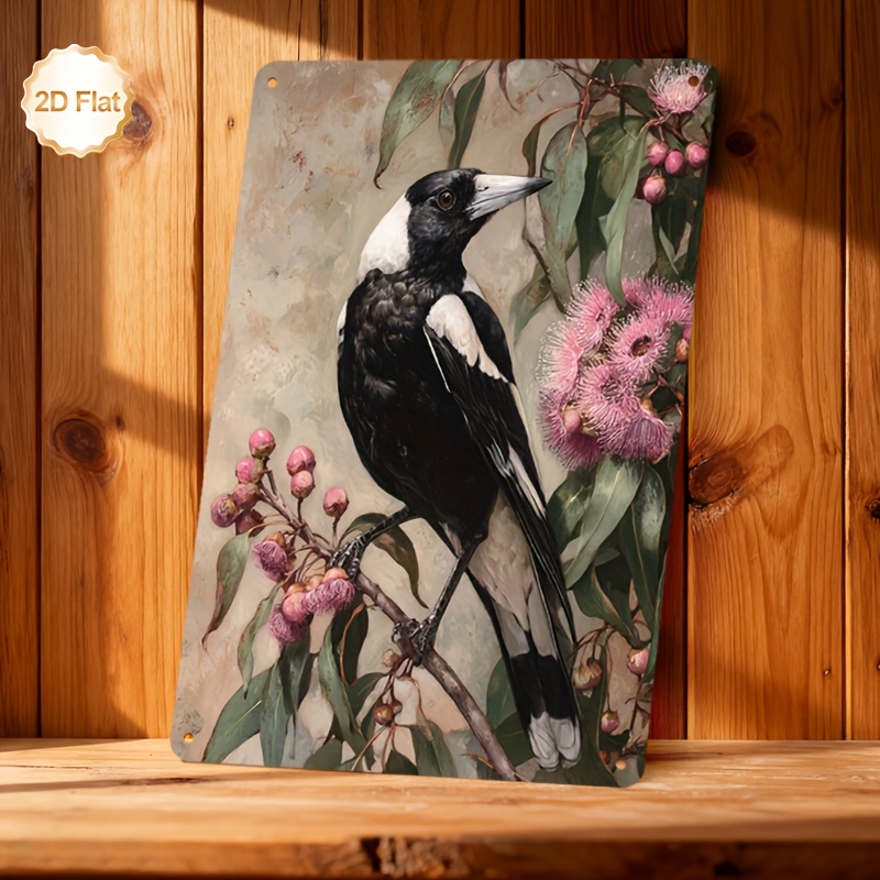 TEMU 2d Flat - Decorative Sign, 2d Flat, 1pc, Wall Art Decor, Magpie Bird And Pink Flowers Nature Scene, Wall Decor, Metal Sign, Room Decor Home Bar