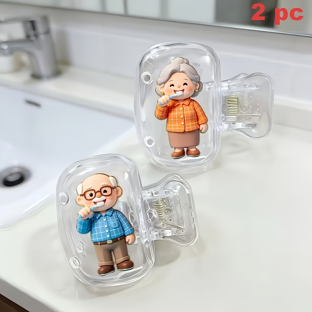 TEMU 2d Flat 2pcs Toothbrush Travel Case With Grandparents Brushing Teeth Pattern, An Essential Bathroom Item Suitable For Daily Home Use, Business