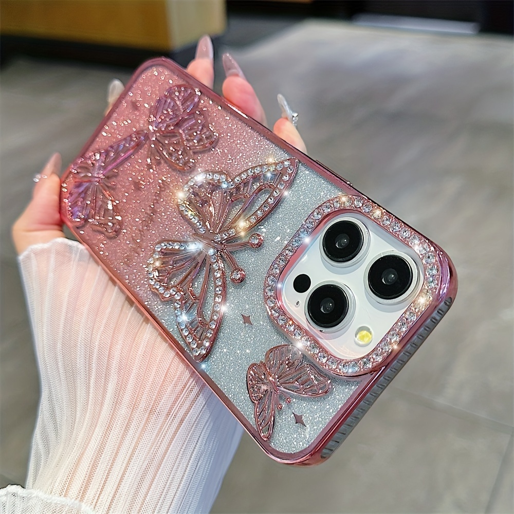 

Luxury Bling Glitter Gradient Rhinestone Butterfly Phone Case For 15 14 Pro Max Plus 11 Back Cover Capa