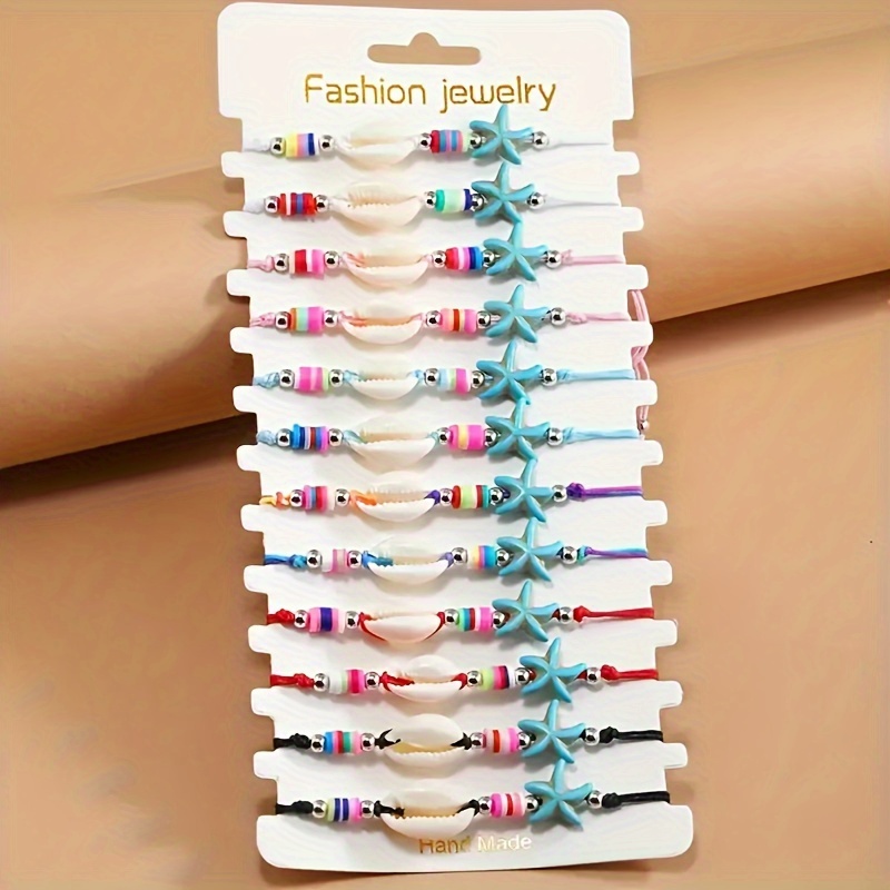 

12pcs Fashion Jewelry Set - Handmade Starfish & Shell Charm Woven Bracelets - No Plating, Fashion Style Polymer Clay Beaded Anklets For Beach Vacation Accessory