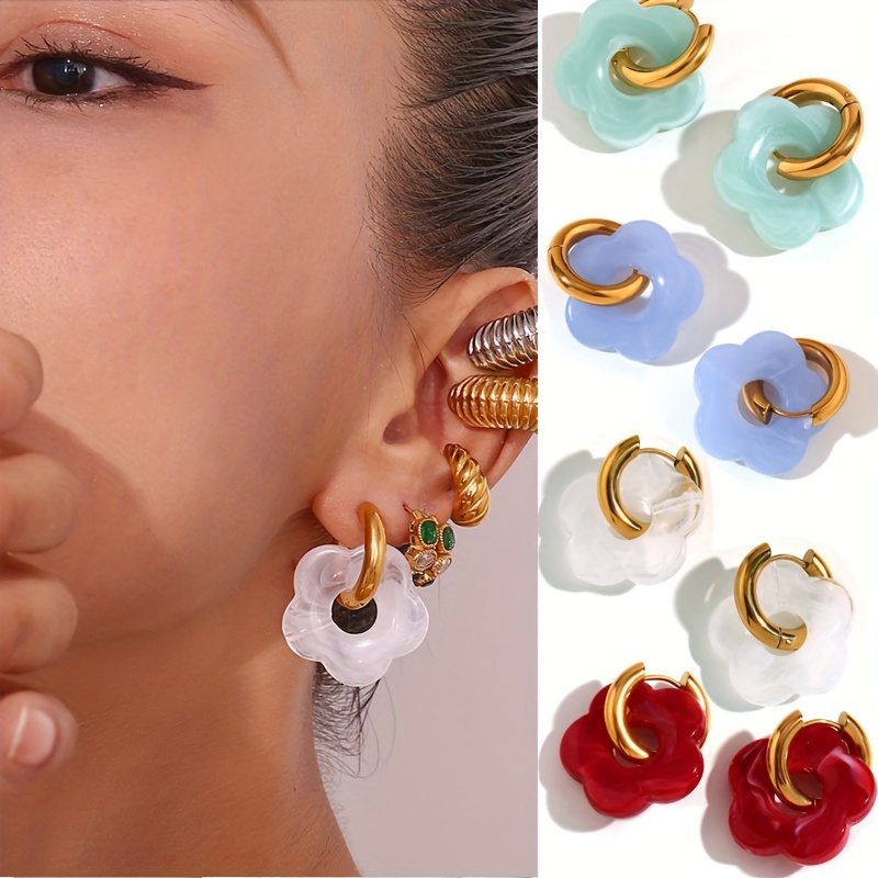 

1 Pair Fashion Colorful Acrylic Flower Earrings With 18k Gold Plated Stainless Steel Hoop For Women, Simple Style Jewelry