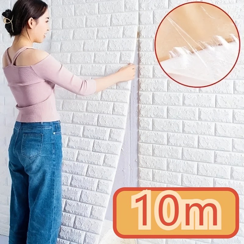 

1 Roll 3d Brick Wall Sticker, 10m Self-adhesive Vinyl Foam Wallpaper, Washable Straight Wallpaper For Home Decor, Brick Style, Romantic Bedroom