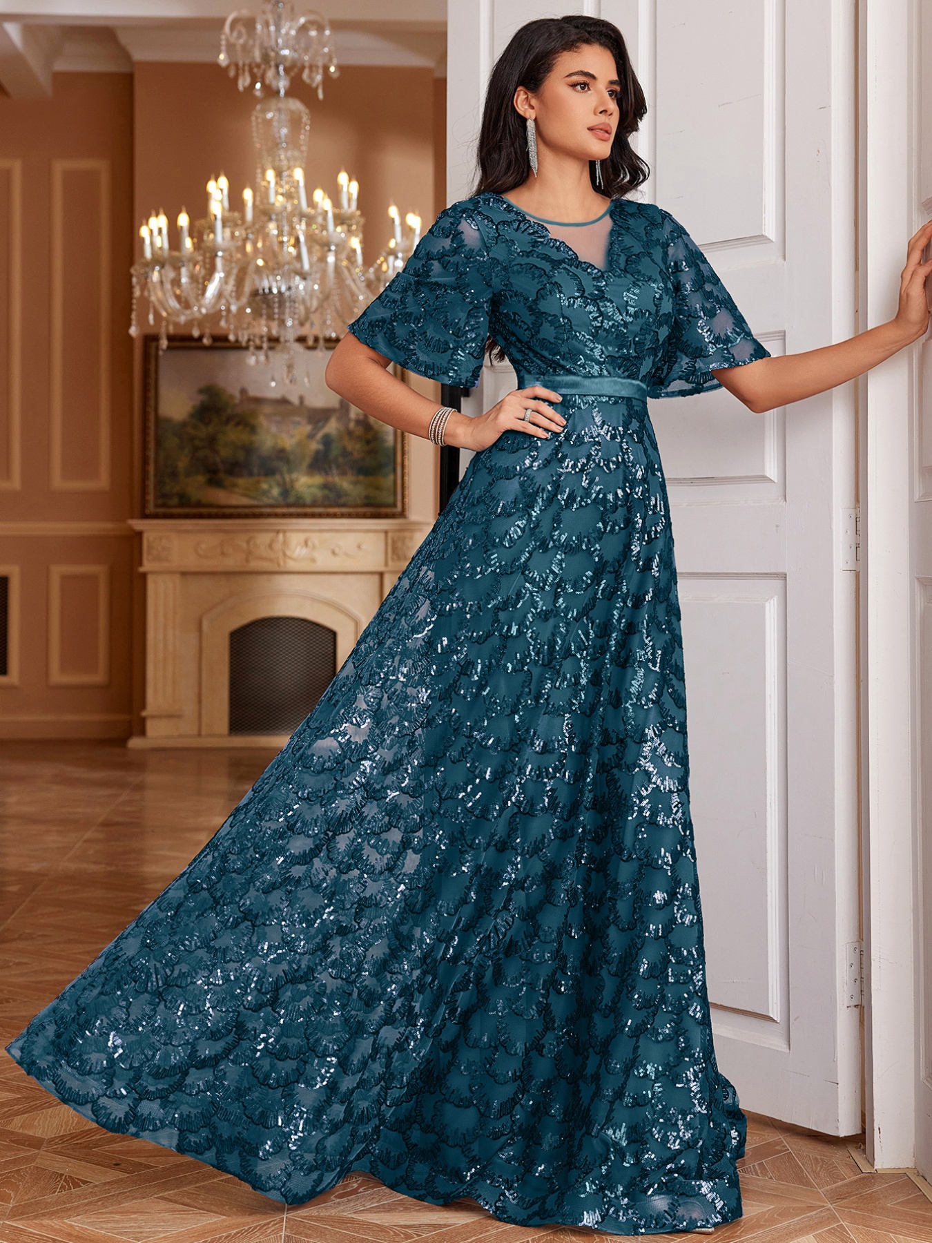 elegant teal sequin mermaid wedding dress bell sleeves high - Temu Bahrain