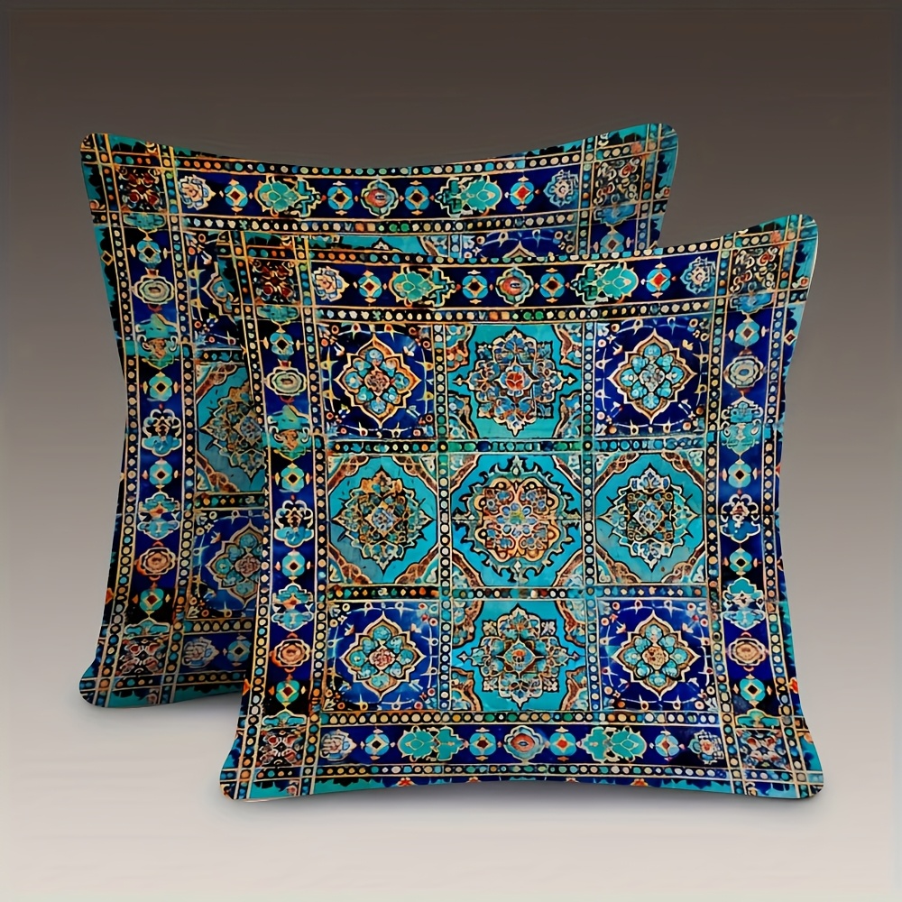 TEMU 2pcs Vintage Uzbek Blue & Turquoise Decorative Pillow Covers, 18x18 Inch, Super Soft Short Plush, Double-sided Printing With Tilework &