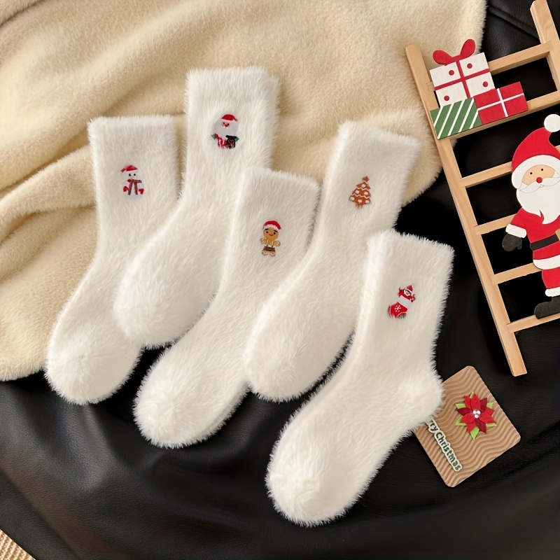 Image of 5-pair Plush Embroidered Santa Claus Money Pouch Mid-calf Socks For Teens, Autumn/winter Style, Cute Cartoon Socks, Winter House Floor Socks, For Teenager