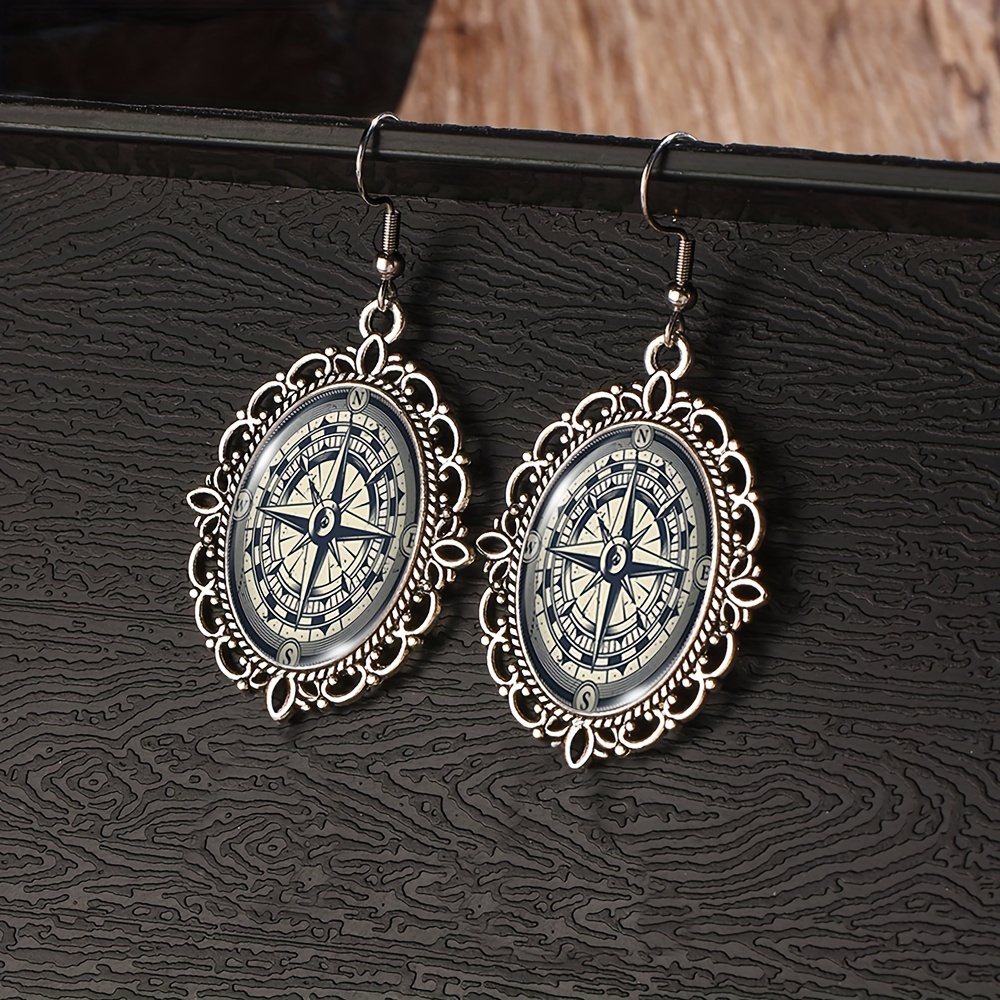 pair retro nautical compass vintage earring glass dome Temu
