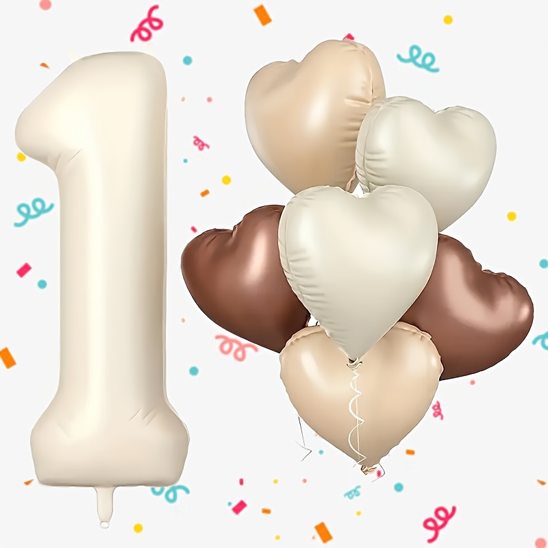 Image of 7pcs Set, Creamy White Heart-shaped Number Set, Caramel Heart Aluminum Foil Balloons For Engagement, Wedding, Proposal, And Decorations, Gift