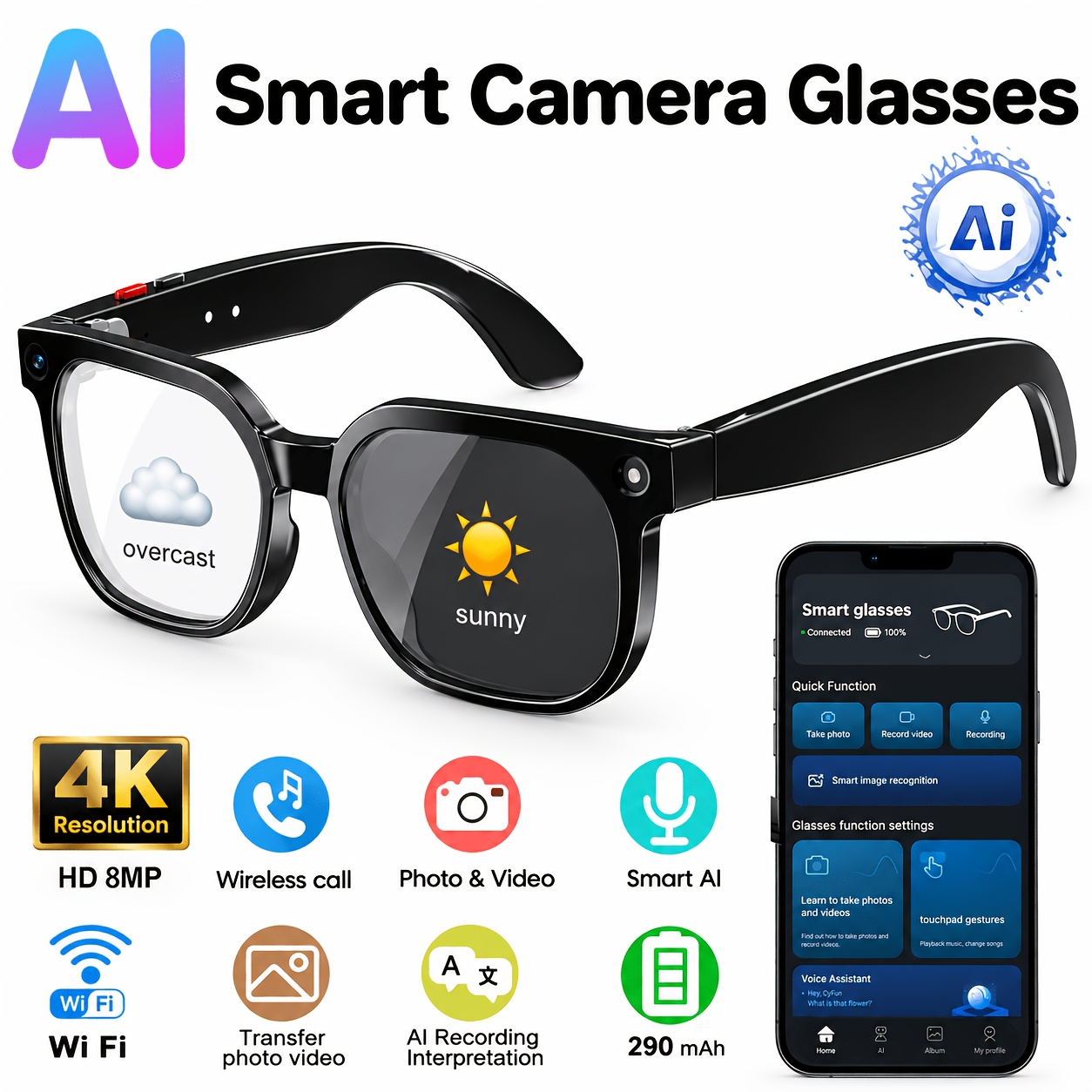 TEMU Ai Smart Glasses With Camera & - Real-time Translation, Live Streaming, Photochromic Switchable To Lenses, Calling/music Suitable For Travel,