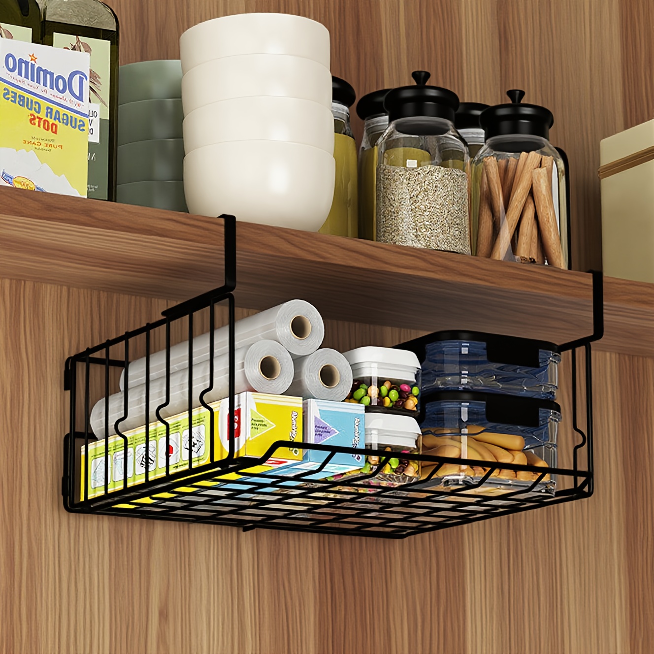 TEMU Hanging & Wall-mounted Foldable Storage Basket - Waterproof Rust-resistant Organizer For Kitchen, Laundry, Pantry, Desk & Under Cabinet Shelves - Collapsible Metal Black