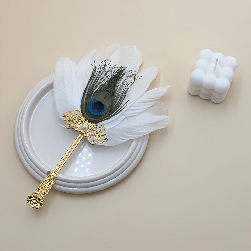 TEMU 1pc Vintage Feather Hand Fan Golden With Peacock Feathers, Suitable For Weddings And Formal Events, Elegant Fan For Various Performances