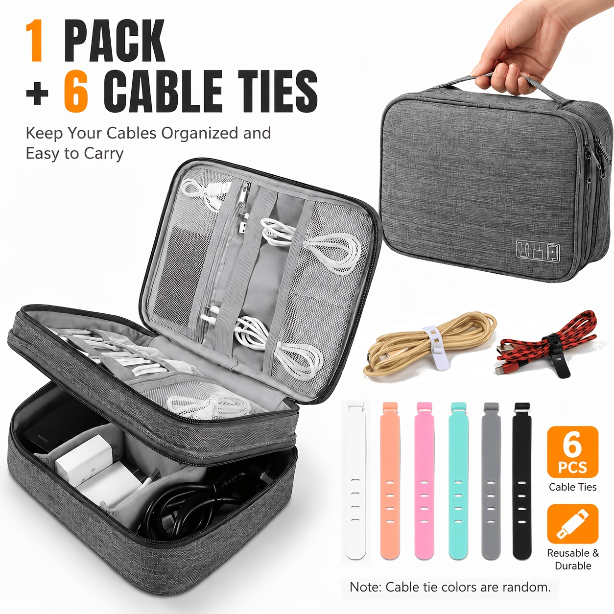 TEMU 1 Pack Cable Organizer Bag With 6 Random Color Reusable Cable Ties, Portable Tech Accessories Storage Case With Mesh Pockets And Elastic Loops