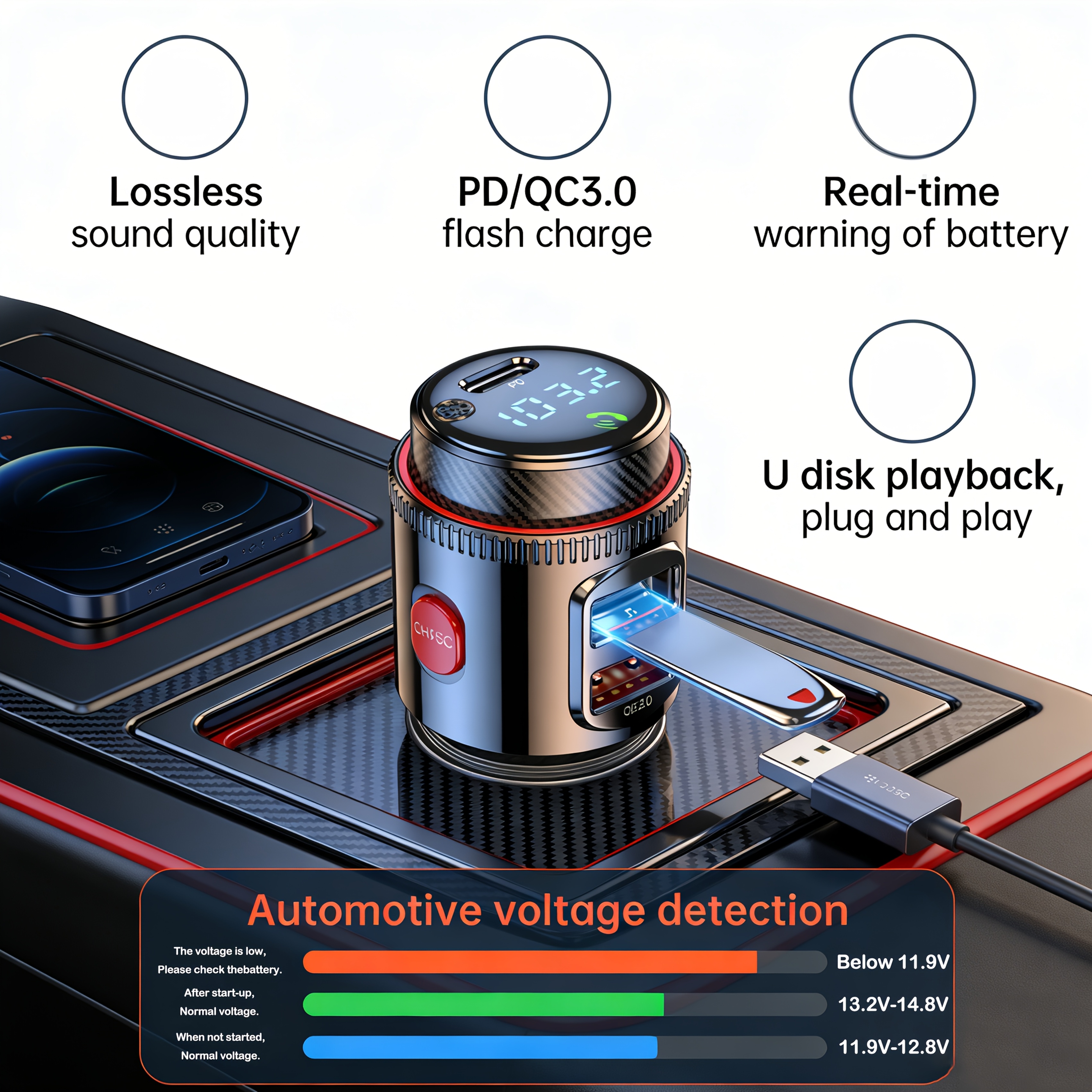 1pc Onboard MP3 Player Wireless Onboard Multipurpose Charger USB/PD Support | Speaker Call And Onboard Power Onboard Multipurpose Onboard Additions | Available for Multiple Vehicles