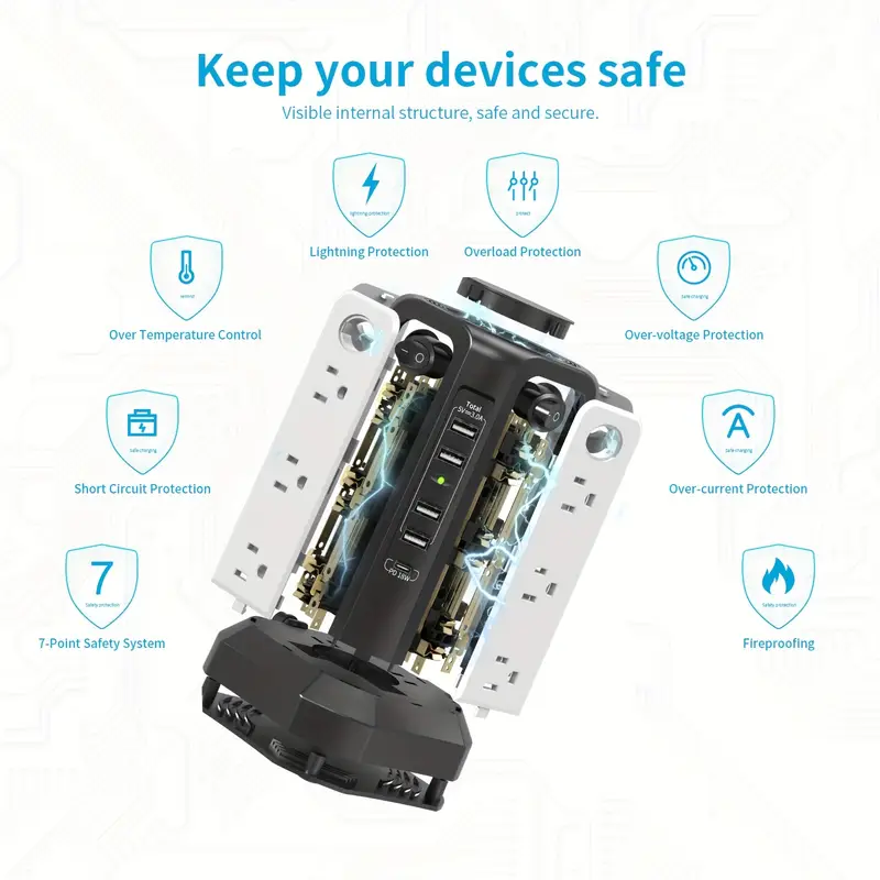 protector tower with usb c pd18w board tower with 4 usb a ports 10ft flat plug extension cable with 12 ac multi sockets 1800j protection for home office details 2