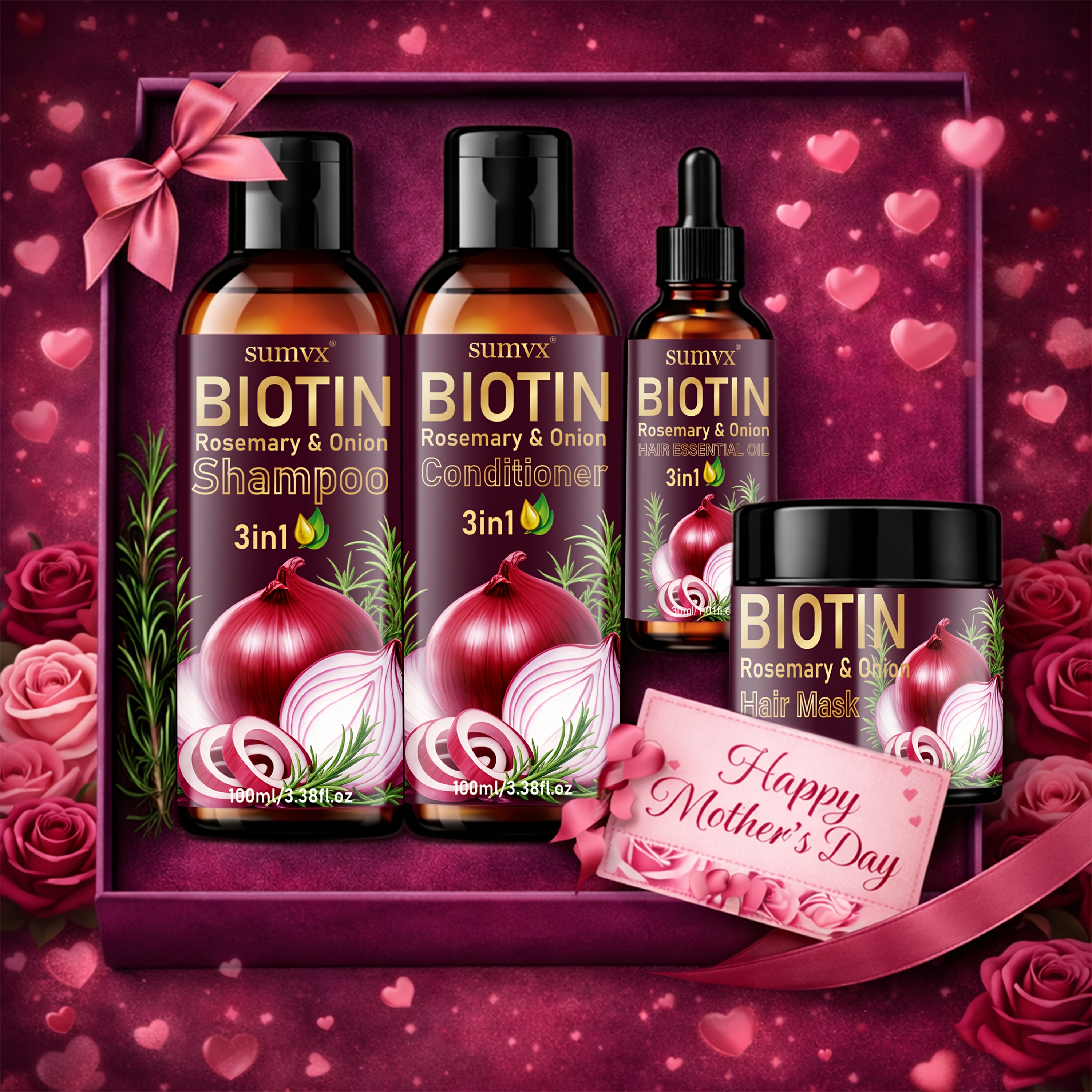TEMU Biotin Rosemary Onion Shampoo Set (4pcs Set Including Shampoo, Conditioner, Hair Oil, And Hair Mask). Moisturizes And Nourishes, Leaves Hair