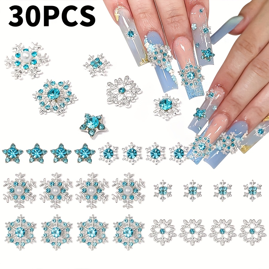 E-shop 30 Stück Eisblaue Schneeflocken Gemischte Stile Funkelnde Nagelstecker Schmuck, Winter Schneeflocken Mädchenhaft Japanische Nagelkunst