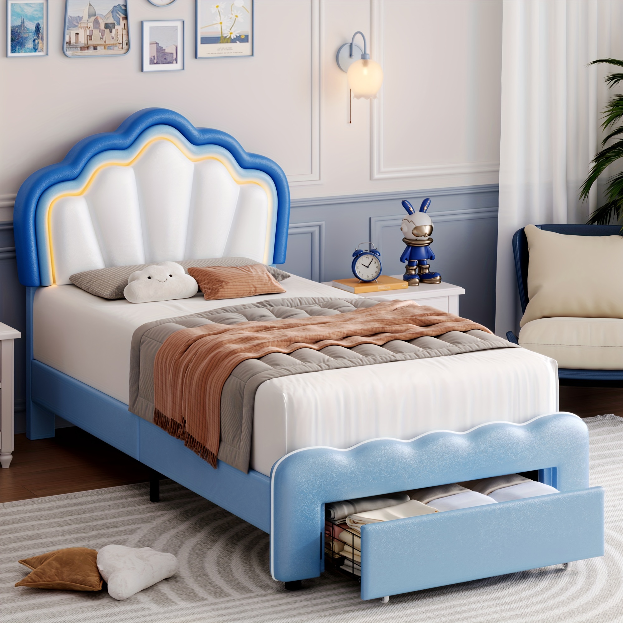 

Fultru Twin/full Led Bed Frame, Pink/ Blue Platform Bed With Large Drawer, Modern Upholstered Bed With Adjustable Lotus Headboard, Cute Girls/princess Bed, Wooden Slats Support, No Box Spring Needed