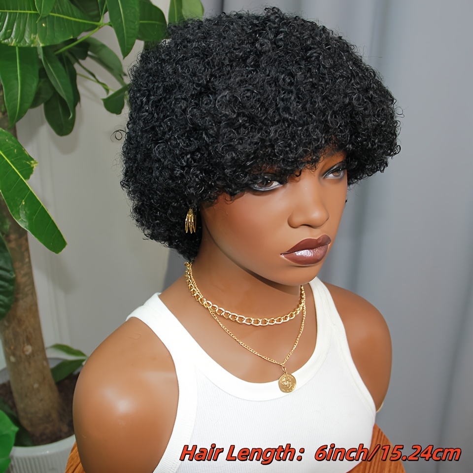 Chic Curly Pixie Cut Wig with Bangs - 180% Density 100% Human Hair, Glueless Design, Loose Curl Short Wig for Women, Rose Net Cap, Natural Look, Perfect for Everyday Style