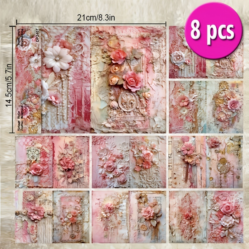 Image of 8pcs Embossed Pink Aesthetic Paper A5 Pattern Single-sided Decoupage Paper Pad For Crafts Journaling Supplies Gift Wrapping Album Art Decorative Craft Paper 6x6 Inch