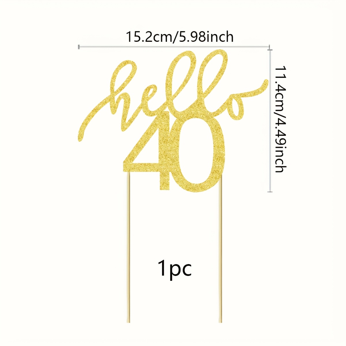 1pc Hello 40 Cake Topper - Golden Glitter 40th Birthday Cake Decorations - 40 Wedding Anniversary Party Cake Decor