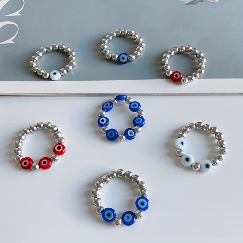 Evil Eye Protection Ring Stackable Adjustable Silvery Beaded Jewelry for Women