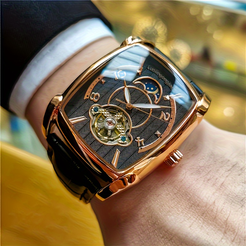 luxury mens mechanical watch with tourbillon sleek alloy case leather strap jewelry accessories temu Temu