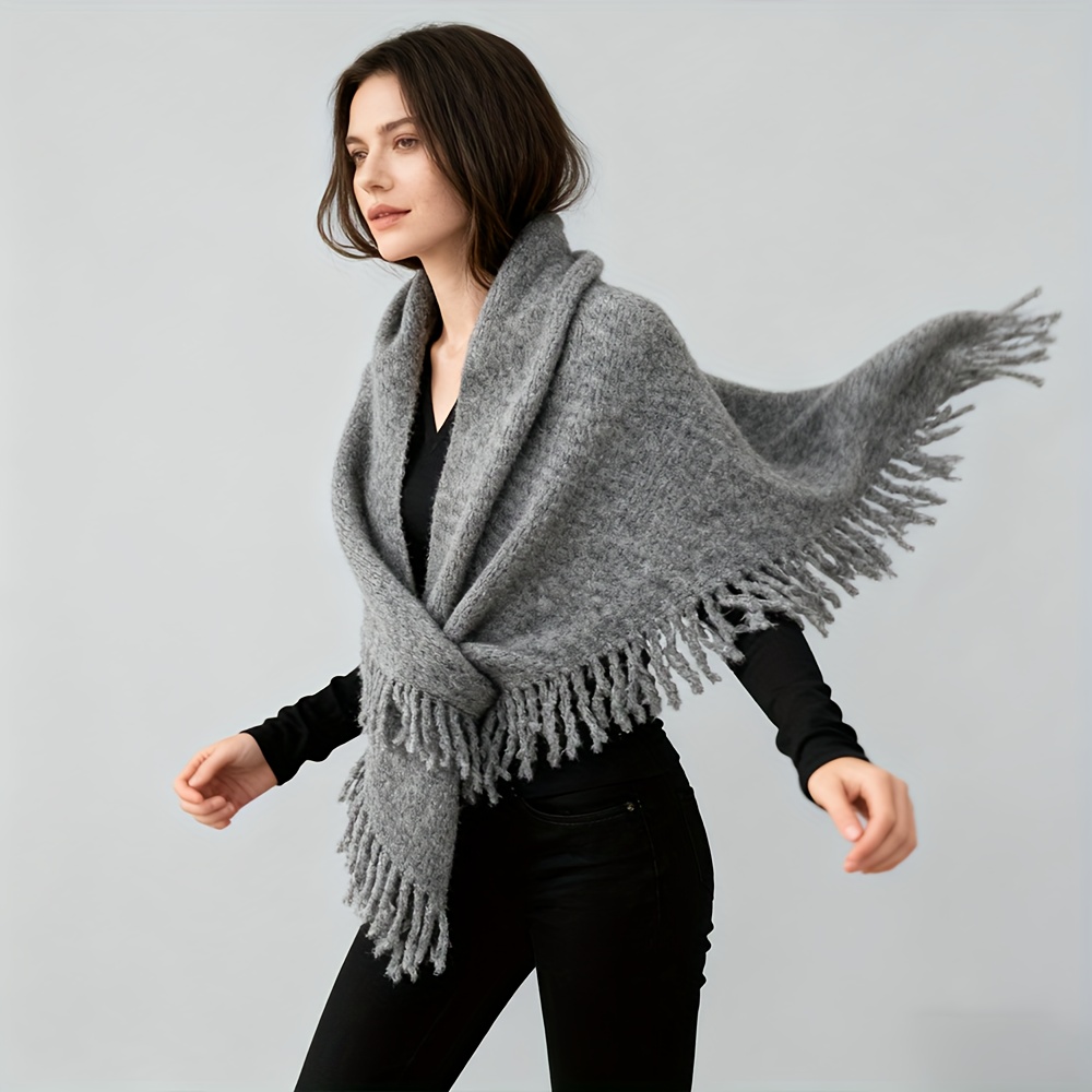 TEMU Shawl - Soft And Comfortable Women's Tassel Scarf Shawl, Wool Material (7% Wool) Fashionable Retro Tassel Design Scarf, Multifunctional Daily