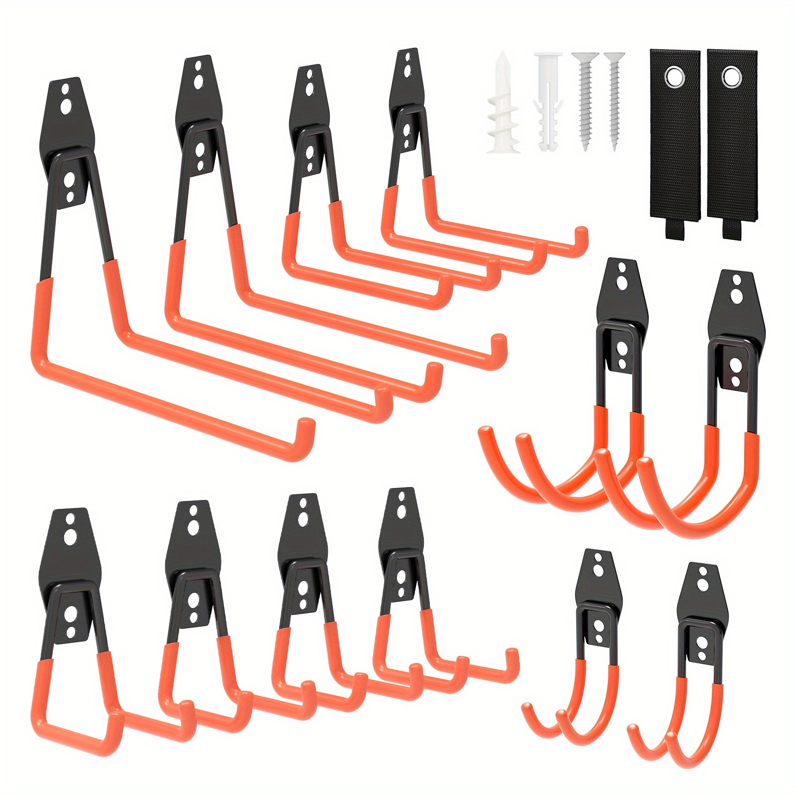 Image of 12 Pack Garage Storage Hooks - Heavy Duty Wall Steel Mount Hooks & Tool Organiser Hanger, Hanging For Bike, Garden & Shed Tools, Ladder, Hose (orange)