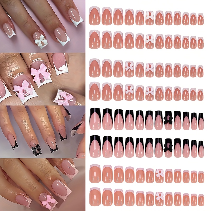 Image of 96pcs Short Square Press On Nails Black & White Nail Tip Fake Nails With Bowknot Decorated Full Cover For Women Summer Nails Art Dailly Wear