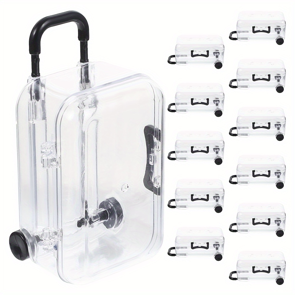 

12pcs Mini Transparent Plastic Suitcase Storage Boxes With Retractable Wheels - Jewelry Snack Organizer, Wedding Birthday Party Favor Gift Box, Travel Luggage Candy Case.