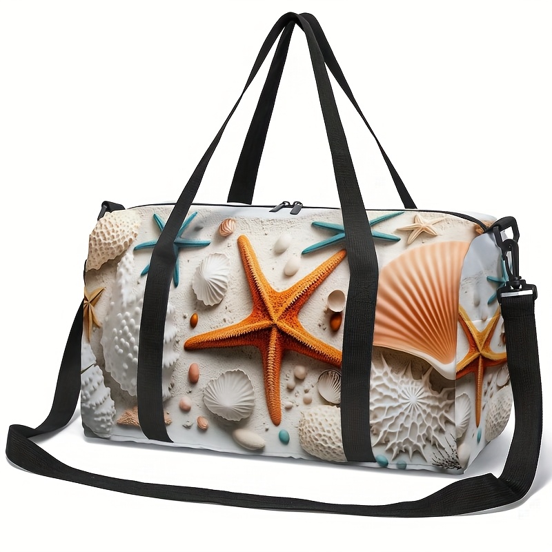 Image of Starfish And Shell Print Pattern Travel Tote Bag, Summer Beach-themed Single Shoulder Bag, Outdoor Luggage Storage Pouch