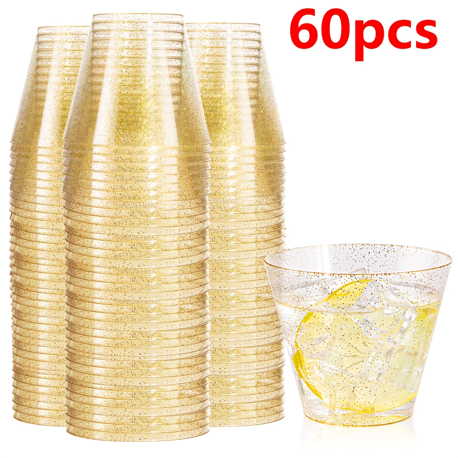 Image of 60 Golden Glitter Plastic Party Glasses, Exquisite Large-capacity Glasses, Perfect For Parties, Banquets And Weddings. For Halloween、christmas